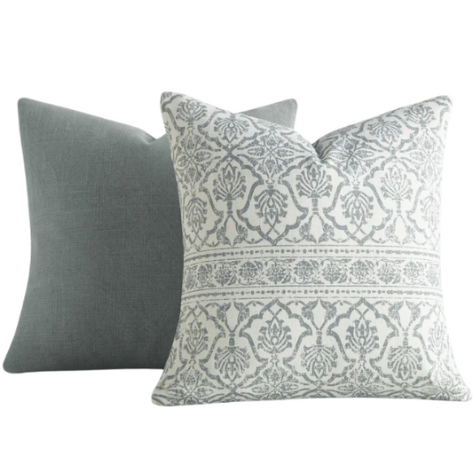 Set of 2 luxurious grey and cream throw pillows with floral pattern, 100% cotton slub covers, removable with invisible zipper closure, ideal for modern and vintage-inspired home décor.