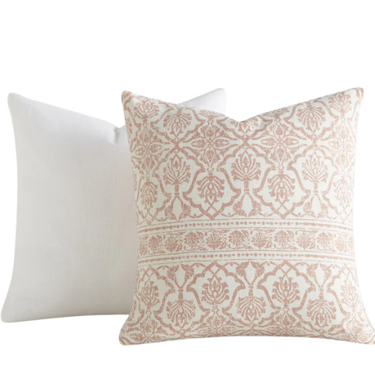 Set of 2 luxurious terracotta and cream throw pillows with floral pattern, 100% cotton slub covers, removable with invisible zipper closure, ideal for modern and vintage-inspired home décor.