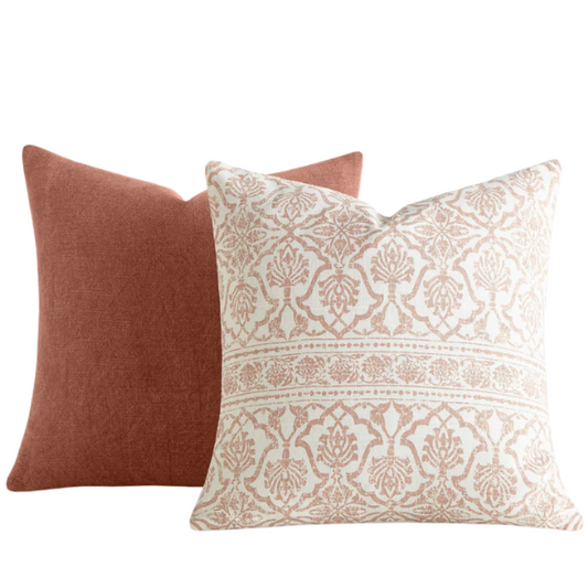 Set of 2 luxurious terracotta and cream throw pillows with floral pattern, 100% cotton slub covers, removable with invisible zipper closure, ideal for modern and vintage-inspired home décor.