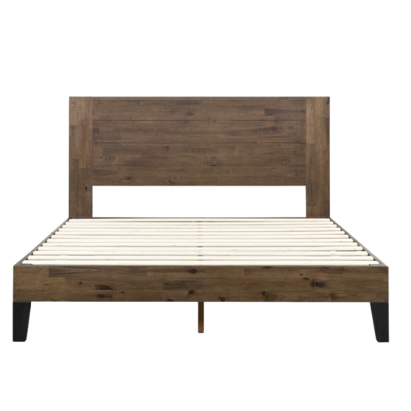 Medium brown solid wood queen platform bed with rectangular headboard and slatted base – no box spring required
