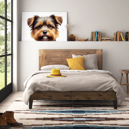 Medium brown solid wood queen platform bed with rectangular headboard and slatted base – no box spring required