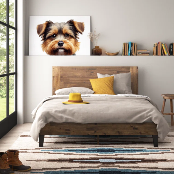 Medium brown solid wood queen platform bed with rectangular headboard and slatted base – no box spring required