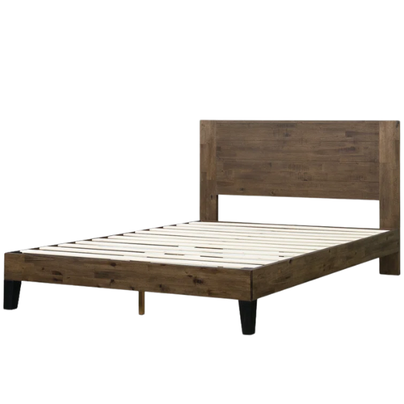 Medium brown solid wood queen platform bed with rectangular headboard and slatted base – no box spring required
