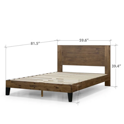 Medium brown solid wood queen platform bed with rectangular headboard and slatted base – no box spring required