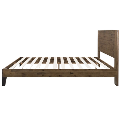 Medium brown solid wood queen platform bed with rectangular headboard and slatted base – no box spring required