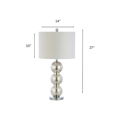 Set of 2 mercury glass table lamps with triple-sphere design, polished silver accents, and white linen drum shade – elegant lighting for modern or glam interiors


