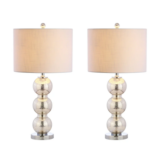 Set of 2 mercury glass table lamps with triple-sphere design, polished silver accents, and white linen drum shade – elegant lighting for modern or glam interiors

