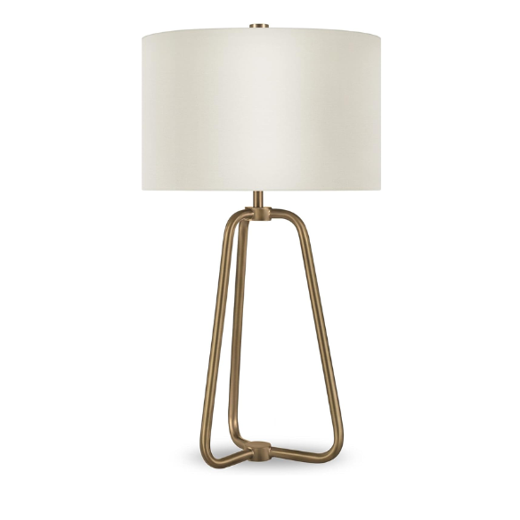 Mid-century modern brass table lamp with a white drum fabric shade and rotary switch, ideal for living rooms, bedrooms, or office desks

