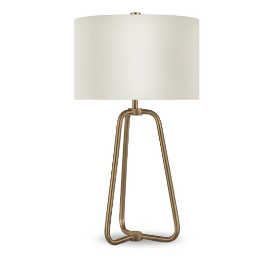 Mid-century modern brass table lamp with a white drum fabric shade and rotary switch, ideal for living rooms, bedrooms, or office desks

