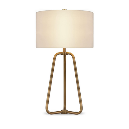 Mid-century modern brass table lamp with a white drum fabric shade and rotary switch, ideal for living rooms, bedrooms, or office desks

