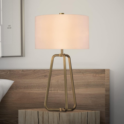 Mid-century modern brass table lamp with a white drum fabric shade and rotary switch, ideal for living rooms, bedrooms, or office desks

