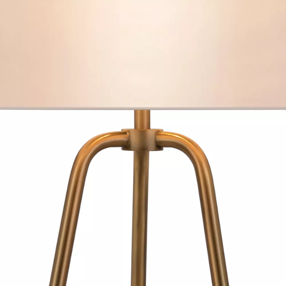 Mid-century modern brass table lamp with a white drum fabric shade and rotary switch, ideal for living rooms, bedrooms, or office desks


