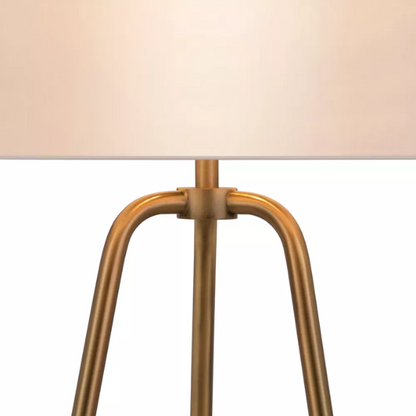 Mid-century modern brass table lamp with a white drum fabric shade and rotary switch, ideal for living rooms, bedrooms, or office desks

