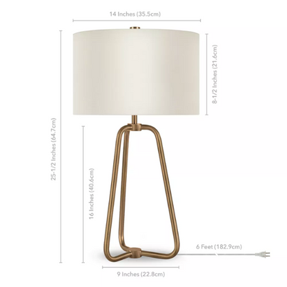 Mid-century modern brass table lamp with a white drum fabric shade and rotary switch, ideal for living rooms, bedrooms, or office desks


