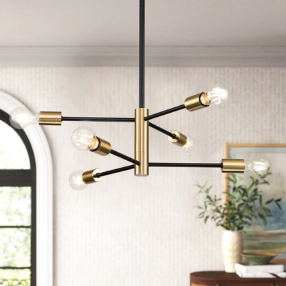 Mid-century modern industrial 6-light Sputnik chandelier in black and gold, with adjustable down rod, dimmable, and E26 bulb compatible.
