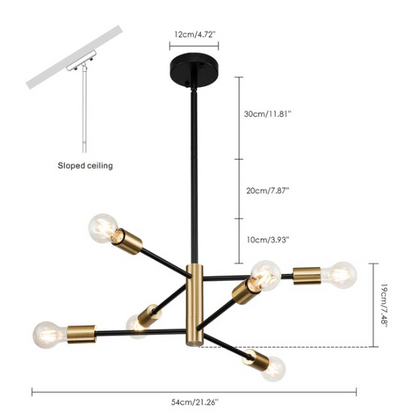 Mid-century modern industrial 6-light Sputnik chandelier in black and gold, with adjustable down rod, dimmable, and E26 bulb compatible.
