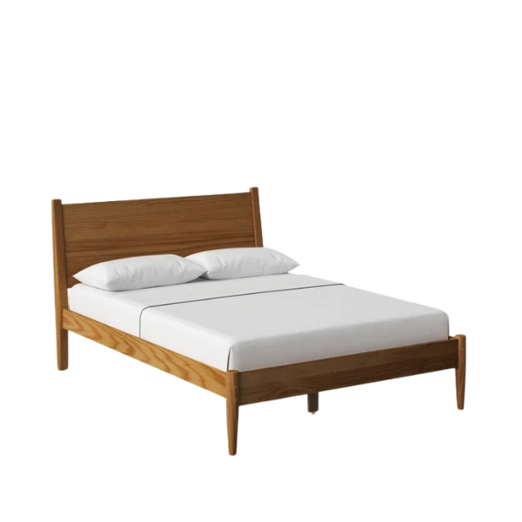Mid-century modern full-size solid wood platform bed in medium light brown with rectangular headboard and tapered legs