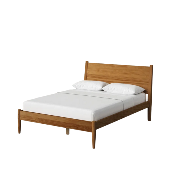 Mid-century modern full-size solid wood platform bed in medium light brown with rectangular headboard and tapered legs
