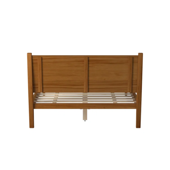 Mid-century modern full-size solid wood platform bed in medium light brown with rectangular headboard and tapered legs