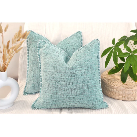Set of 2 mint green chenille throw pillow covers with hidden zippers and soft velvet texture – 20x20 inch reversible cushion covers for modern and farmhouse décor