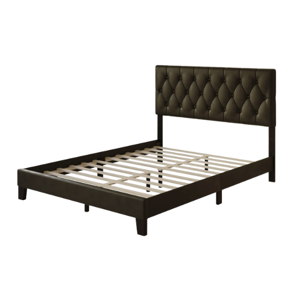 Mocha brown full size upholstered platform bed with button-tufted faux leather headboard, solid wood slats, and center support legs.