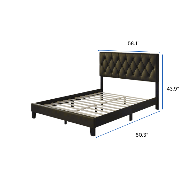 Mocha brown full size upholstered platform bed with button-tufted faux leather headboard, solid wood slats, and center support legs.