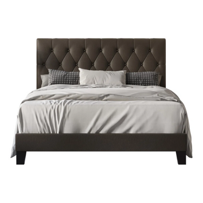 Mocha brown full size upholstered platform bed with button-tufted faux leather headboard, solid wood slats, and center support legs.