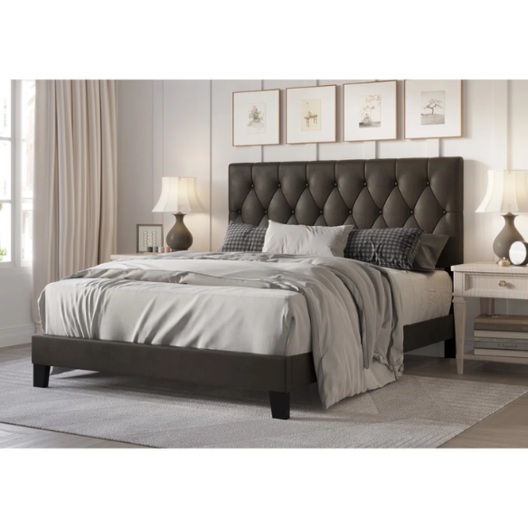Mocha brown full size upholstered platform bed with button-tufted faux leather headboard, solid wood slats, and center support legs.