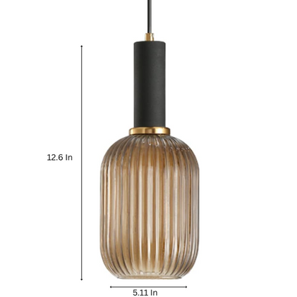 Modern amber glass pendant light with frosted shade and brass finish for contemporary decor.