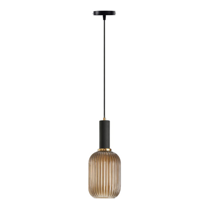 Modern amber glass pendant light with frosted shade and brass finish for contemporary decor.