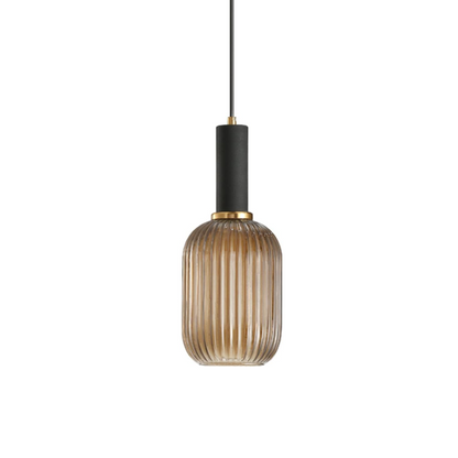 Modern amber glass pendant light with frosted shade and brass finish for contemporary decor.