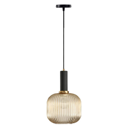 Modern amber glass pendant light with gold finish, perfect for contemporary interiors.