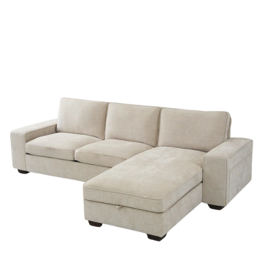 Modern beige chenille sofa with reversible cushions, built-in USB charging port, under-seat storage, and included ottoman and accent pillows.


