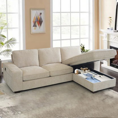 Modern beige chenille sofa with reversible cushions, built-in USB charging port, under-seat storage, and included ottoman and accent pillows.

