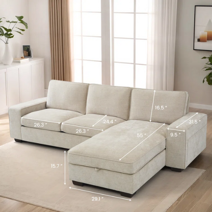 Modern beige chenille sofa with reversible cushions, built-in USB charging port, under-seat storage, and included ottoman and accent pillows.

