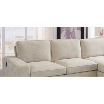 Modern beige chenille sofa with reversible cushions, built-in USB charging port, under-seat storage, and included ottoman and accent pillows.

