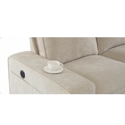 Modern beige chenille sofa with reversible cushions, built-in USB charging port, under-seat storage, and included ottoman and accent pillows.

