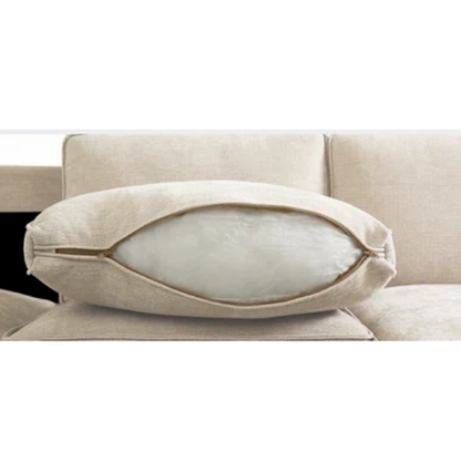 Modern beige chenille sofa with reversible cushions, built-in USB charging port, under-seat storage, and included ottoman and accent pillows.

