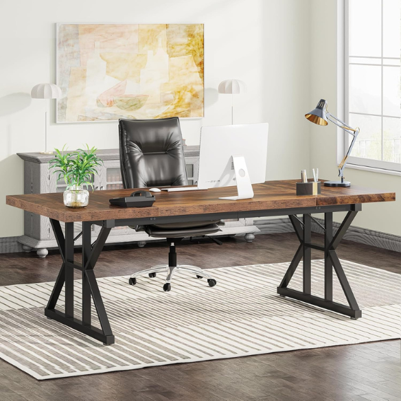 Modern black and brown computer desk with spacious workspace and powder-coated alloy steel frame.