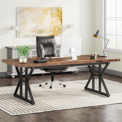 Modern black and brown computer desk with spacious workspace and powder-coated alloy steel frame.
