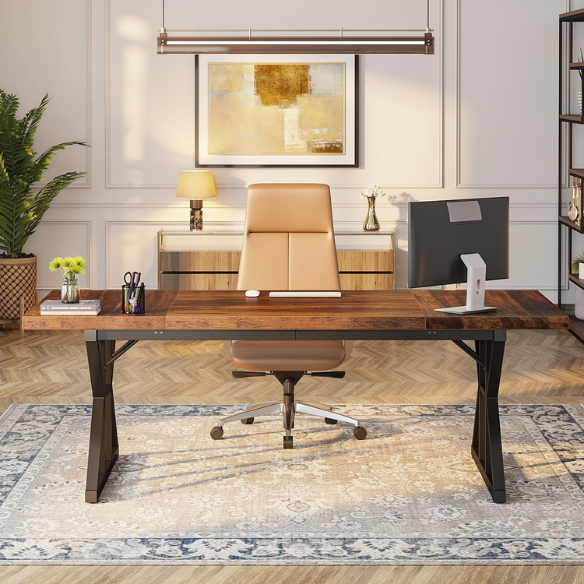 Modern black and brown computer desk with spacious workspace and powder-coated alloy steel frame.