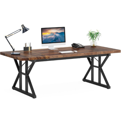 Modern black and brown computer desk with spacious workspace and powder-coated alloy steel frame.