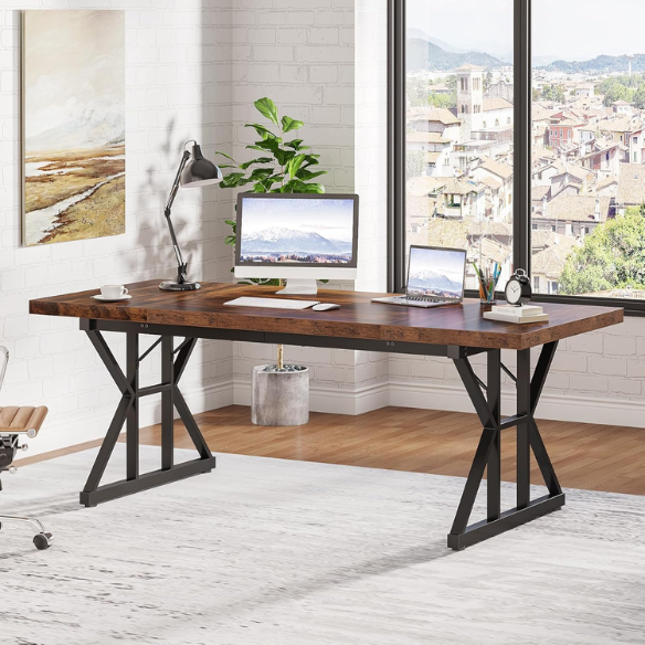 Modern black and brown computer desk with spacious workspace and powder-coated alloy steel frame.