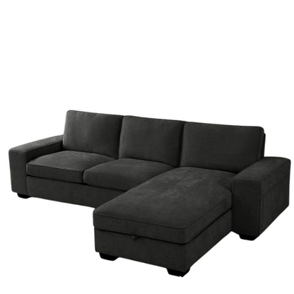 Modern black chenille upholstered sofa with reversible cushions, built-in USB charging port, under-seat storage, and matching ottoman and toss pillows.

