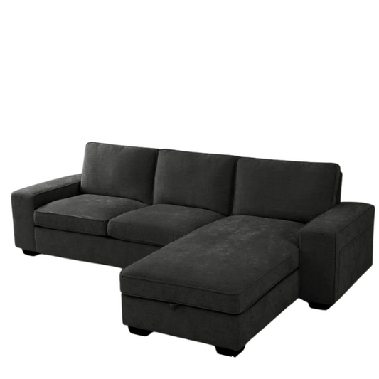 Modern black chenille upholstered sofa with reversible cushions, built-in USB charging port, under-seat storage, and matching ottoman and toss pillows.

