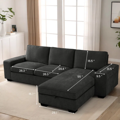 Modern black chenille upholstered sofa with reversible cushions, built-in USB charging port, under-seat storage, and matching ottoman and toss pillows.

