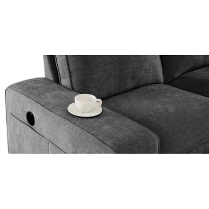 Modern black chenille upholstered sofa with reversible cushions, built-in USB charging port, under-seat storage, and matching ottoman and toss pillows.

