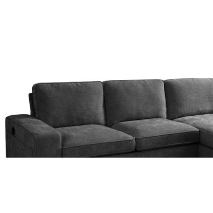 Modern black chenille upholstered sofa with reversible cushions, built-in USB charging port, under-seat storage, and matching ottoman and toss pillows.

