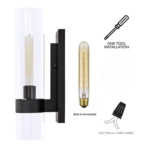 Modern black wall sconce with cylindrical clear glass shade – contemporary uplight fixture for bathrooms, hallways, or bedrooms

