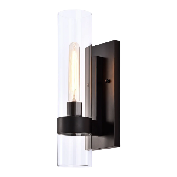 Modern black wall sconce with cylindrical clear glass shade – contemporary uplight fixture for bathrooms, hallways, or bedrooms